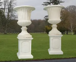 Pair of Giant Flute White Stone Garden Vases on Plinths