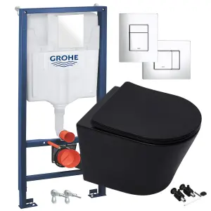 Matt Black Hidden Fixation Rimless Wall Hung Toilet Pan & GROHE 1.13m Concealed WC Cistern Frame