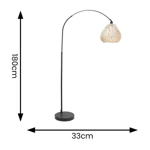 ValueLights Louis Black Arched Curved Floor Lamp with Rattan Teardrop Lamp Shade and LED Bulb