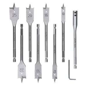 TOUGH MASTER Paddle Flat Wood Drill Bit Set with Extension & Hex Key - 9 Pieces (TM-FDB9)