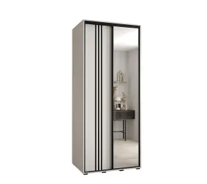 Elegant White Mirrored Sliding Wardrobe H2050mm W1000mm D600mm with Customisable Black Steel Handles and Decorative Strips