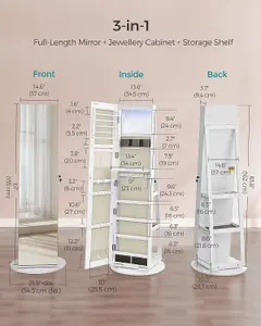 SONGMICS Frameless Full-Length Mirror Jewellery Cabinet, Swivel Organiser with LEDs, Free-Standing, White Surface, Greige Lining