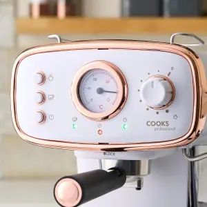 Cook Professional Coffee Machine Espresso Maker Barista Pro 15-Bar Pump Frothing Wand White & Copper