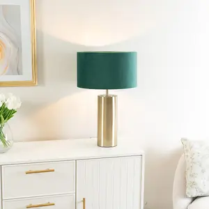 ValueLights Lexy Antique Brass Touch Table Lamp with Forest Green Velvet Shade