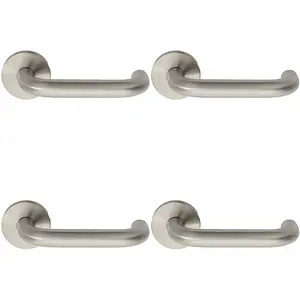 4 PACK - Premium Door Handle Set - Grade 304 Satin Steel Safety Bar Lever on Round Rose