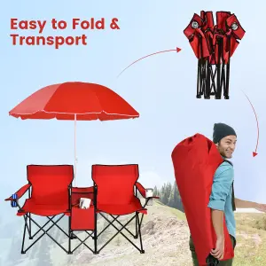 Costway Outdoor Portable Double Camping Chair Folding Picnic Chairs W/ Umbrella & Ice Bag