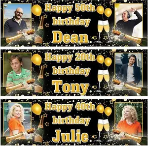 2 Personalised Birthday Banner Photo Gold Champagne Stars Balloon Party Poster Decoration 18th 21st 30th 40th 50th 60th 70th