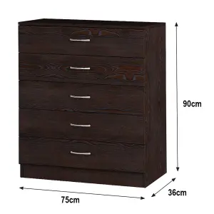 SunDaze Chest of Drawers Bedroom Furniture Bedside Cabinet with Handle 5 Drawer Walnut 75x36x90cm