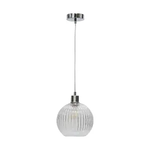 First Choice Lighting Set of 2 Betchley Clear Ribbed Glass Globe with Chrome Pendant Fittings