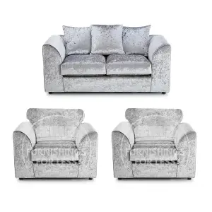 Crystal Crushed Velvet 3 Piece Sofa Set - 2 1 1 Silver - Scatter Back