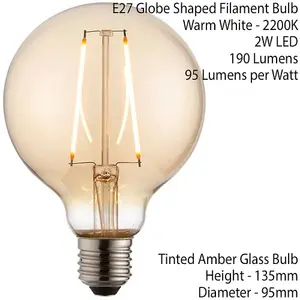 95mm GLOBE LED Filament Light Bulb AMBER GLASS E27 Screw 2W Warm White Lamp