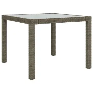 Berkfield Garden Table 90x90x75 cm Tempered Glass and Poly Rattan Grey