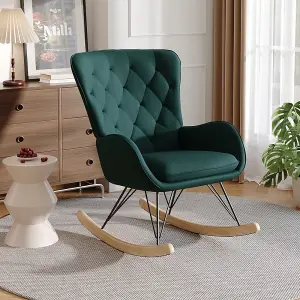 Velvet Upholstered Rocking Chair Recliner Armchair in Green