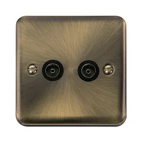 Curved Antique Brass 2 Gang Twin Coaxial TV Socket - Black Trim - SE Home