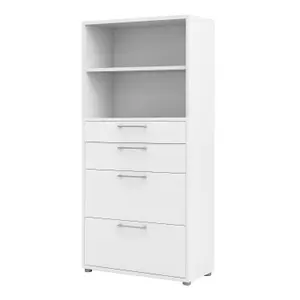 Prima Bookcase 1 Shelf With 2 Drawers + 2 File Drawers In White