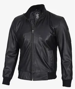 Mens Black Leather Bomber Jacket