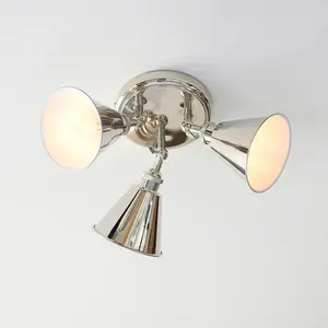 Bright Nickel 3 Light Ceiling Spotlight - White Inner Shade - Knurled Detailing