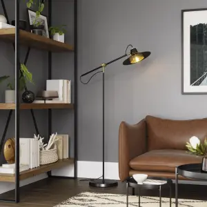 GoodHome Delagoa Industrial Matt Black & Gold LED Floor lamp