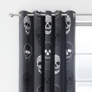 Catherine Lansfield Skulls 66x72 Inch Fully Reversible Eyelet Curtains Two Panels Grey