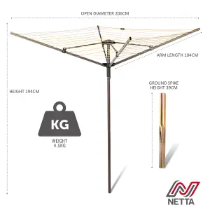 NETTA 45M Rotary Washing Line, 4 Arm - Yellow