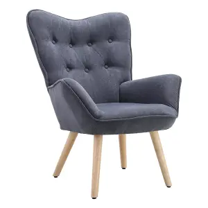 Elegant Grey Linen Tufted Back Armchair with Plush Cushioning and Natural Rubberwood Legs