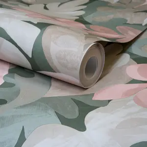 Grandeco Boutique Retro Leaf PVC-free Eco Wallpaper, Pink Green Grey