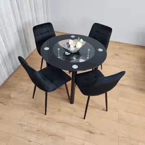 Round Glass Black Kitchen Dining Table With Storage Shelf And 4 Black Tufted Velvet Chairs Kitchen Dining Set