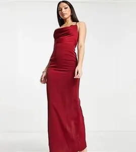 Naanaa Tall Cowl Neck Satin Prom Maxi Dress In Burgundy-Red - Red (Size: 14)