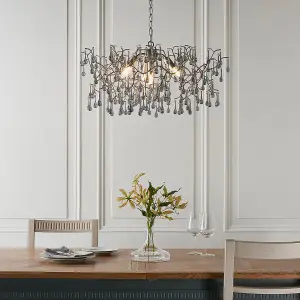 Mutli Arm Ceiling Pendant Light Fitting - Aged Silver & Glass Teardrop Details