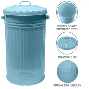 Slim Metal Bin with Dustbin Lid Straight Sided Retro Bin, Animal Feed - Duck Egg Blue 55L