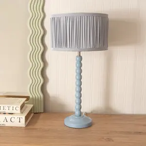 ValueLights Bobbins Powder Blue Table Lamp with Ruched Pleated Powder Blue Drum Lamp Shade