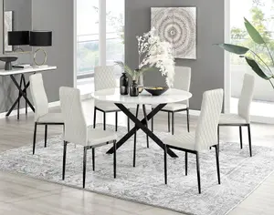 Furniturebox UK Novara White Gloss Black Leg 120cm Round Dining Table & 6 Cream Velvet Milan Black Leg Chairs