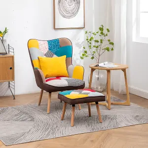 Colorful Wing Back Armchair and Footstool Set,Patchwork Linen Upholstered Accent Chair Sofa Chair with Ottoman and Pillow