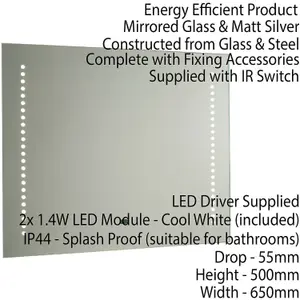 IP44 LED Bathroom Mirror 50cm x 60cm Vanity Light IR Switch & Dual Shaver Socket