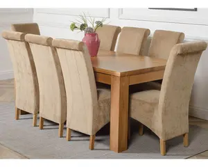 Dakota 182 x 92 cm Chunky Oak Large Dining Table and 8 Chairs Dining Set with Montana Beige Fabric Chairs