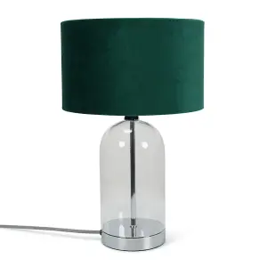 ValueLights Jessy Glass and Silver Chrome Metal Bedside Table Lamp with a Forest Green Velvet Lampshade - Bulb Included