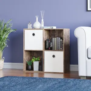 Vida Designs Durham Dark Wood 2x2 Cube Storage Unit & Set of 2 White Foldable Cube Storage Baskets