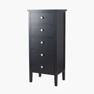 Satin Black Wood 5 Drawer Tall Boy