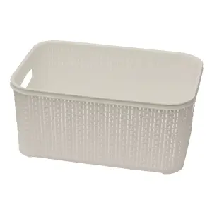 JVL Knit Design Loop Plastic Lidded Rectangular Storage Basket with Handles, Ivory