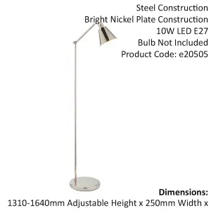 Bright Nickel Standing Floor Lamp Light - White Inner Shade - Knurled Detailing