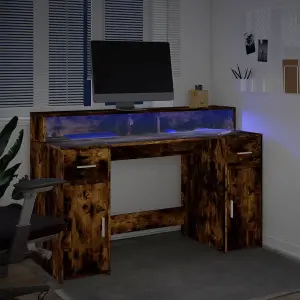 Berkfield Desk with LED Lights Smoked Oak 140x55x91 cm Engineered Wood