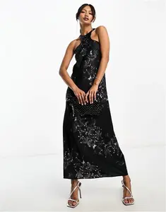 Allsaints Betina Diana Printed Halter Maxi Dress In Black - Black (Size: 4)