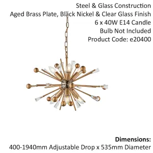 Aged Brass & Black Nickel Ceiling Pendant Light - Clear Crystals - 6 Bulb Lamp