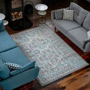 Grey Blue Traditional Medallion Bordered Area Rug 120x170cm