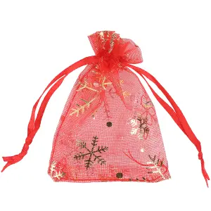 Neel Blue Christmas Gift Bag Red Snowflakes Glitter Organza Bag, 7x9cm - Pack of 100