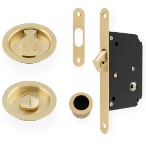 Sliding Pocket Door Lock & Latch Set - Satin Brass Rounded Forend Finger Pull