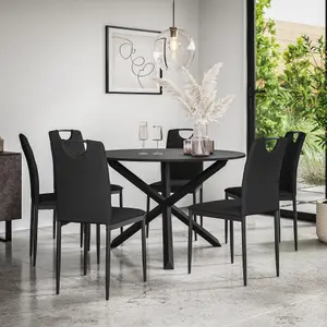 Malvern Round Dining Table And Chairs -  Black Table Top w Solid Oak Black Legs + Monza Faux Leather Dining Chair Set Of 6 (Black)