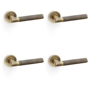 4 PACK - SOLID BRASS Knurled Door Handle Set - Antique Brass Straight Lever on Round Rose