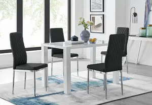 Pivero White High Gloss Dining Table and 4 Black Milan Chairs Set