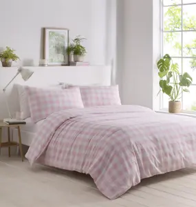 Gingham Pink Duvet Cover Set, Size Double